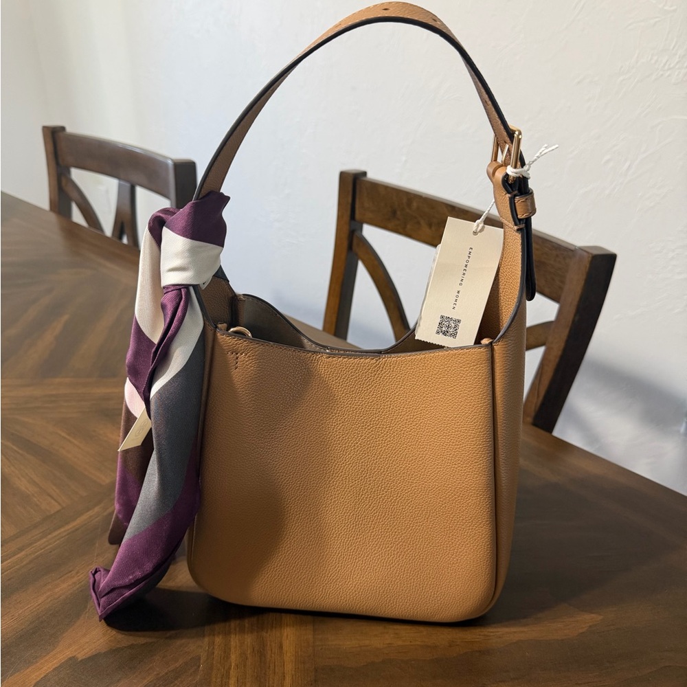 Tory Burch Brown Leather Shoulder Bag with Purple Scarf - Picture 2 of 8